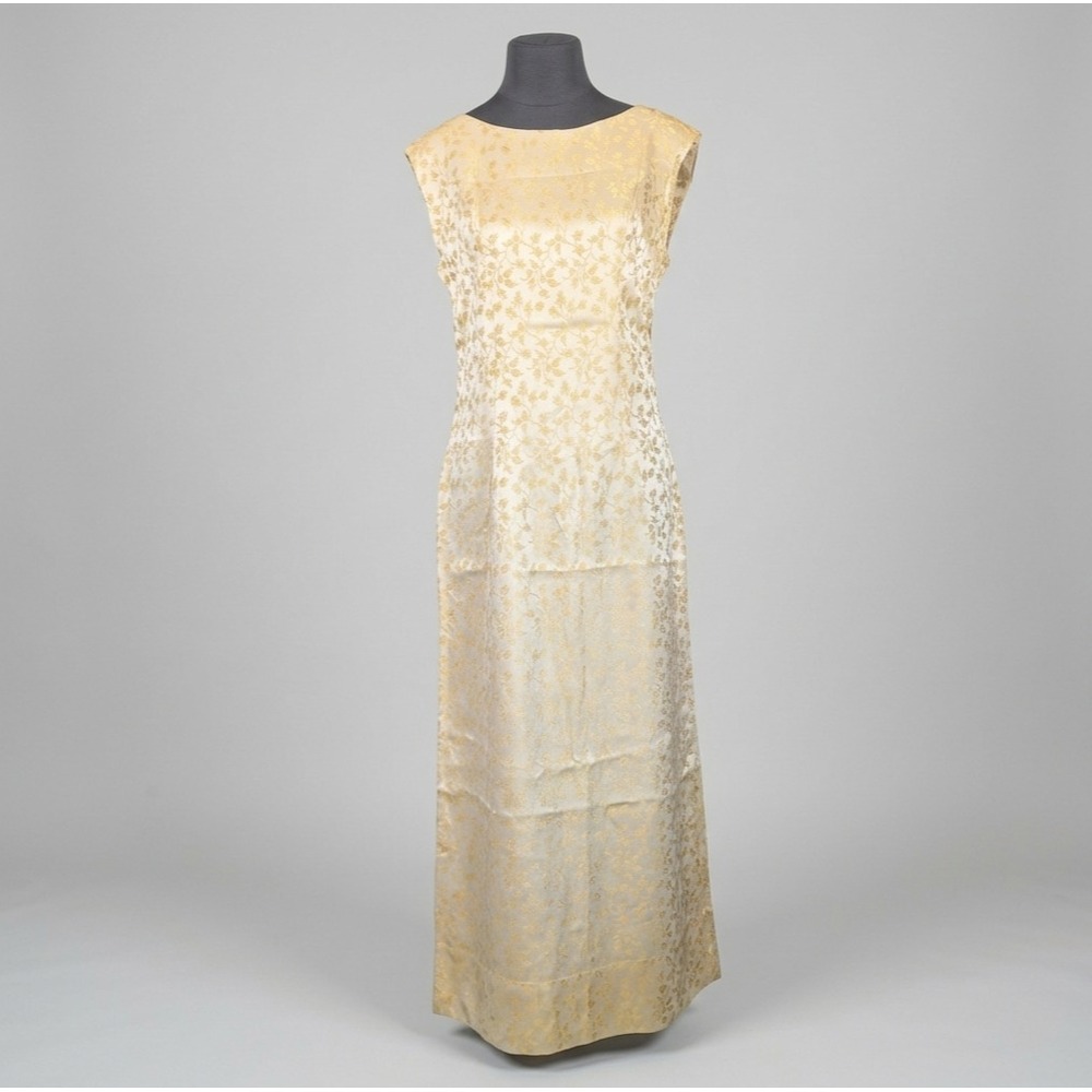 Vintage 60s Brocade Maxi Dress Sz 6 Gold Floral Formal Mod Party Gown Sleeveless